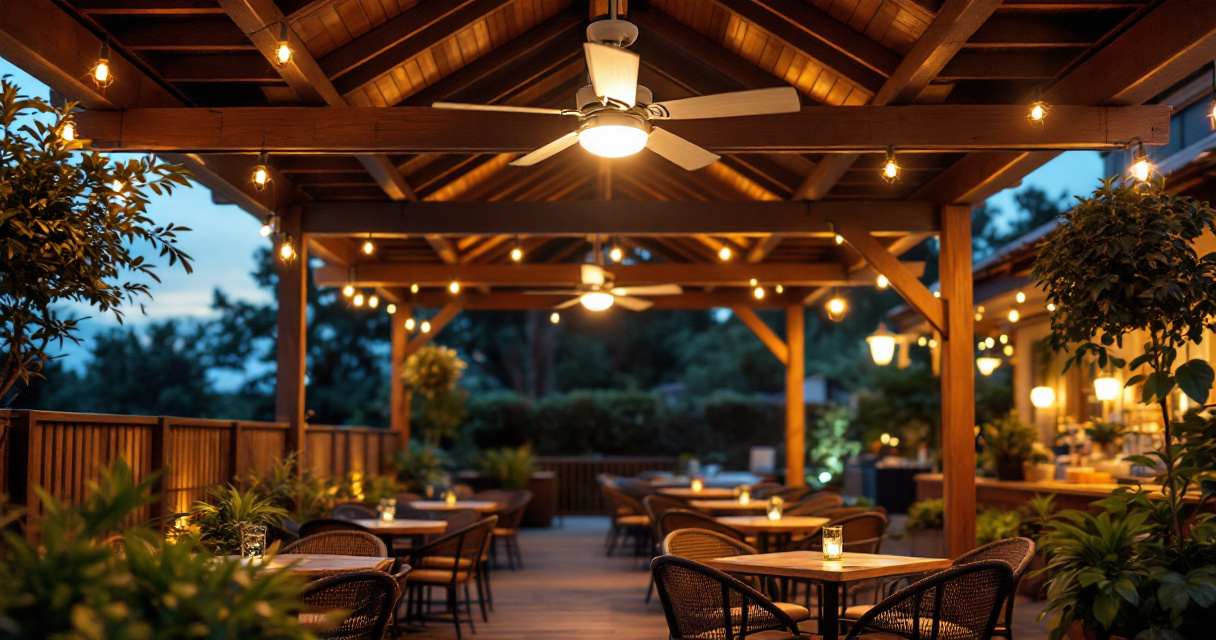 Integrated fan light simplifying illumination and airflow on covered commercial patio