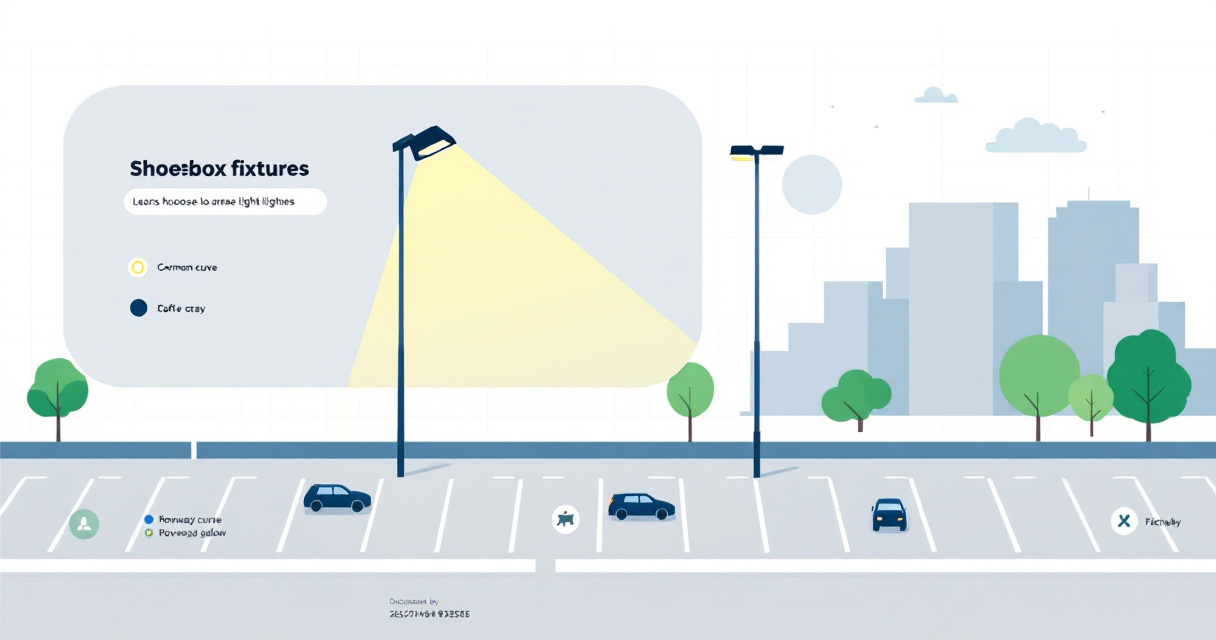 Infographic showing how to choose LED shoebox lighting fixtures for parking lots and commercial sites, with visual sections for use cases, wattage, lumens, beam patterns, spacing, features, and final fixture selection.