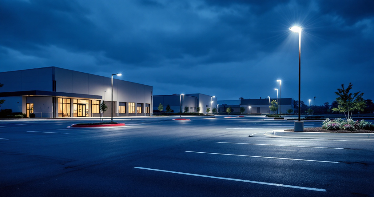 Pole-mounted shoebox lighting fixtures illuminating a commercial parking lot at dusk