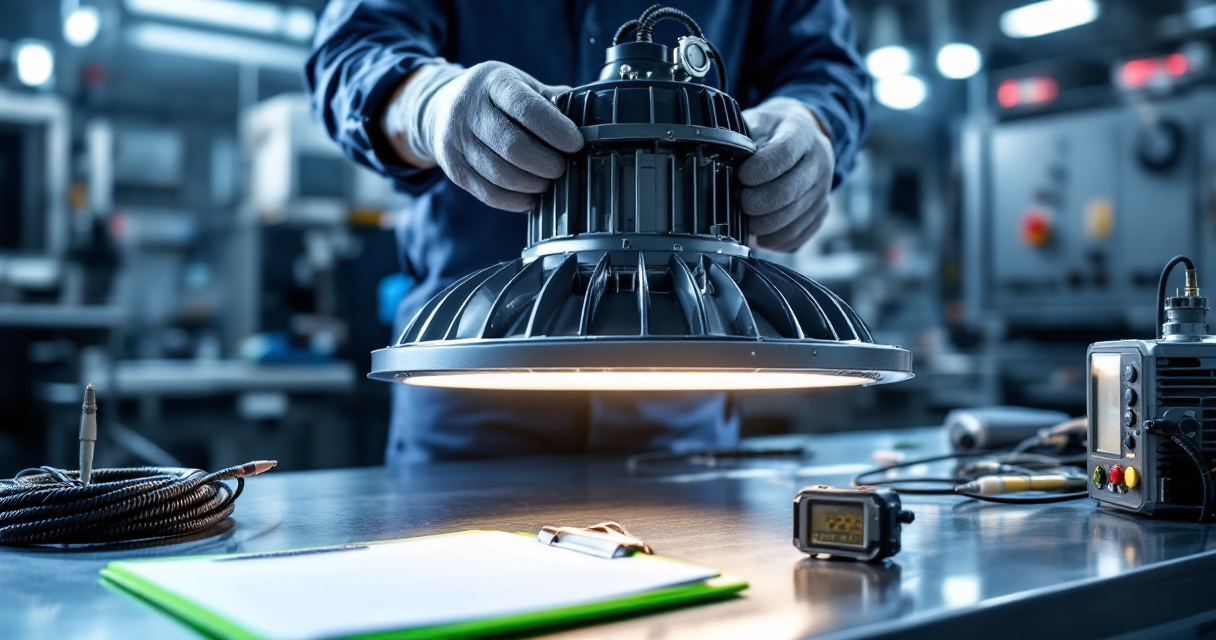 Technician testing a commercial LED high bay fixture in a professional electrical safety lab