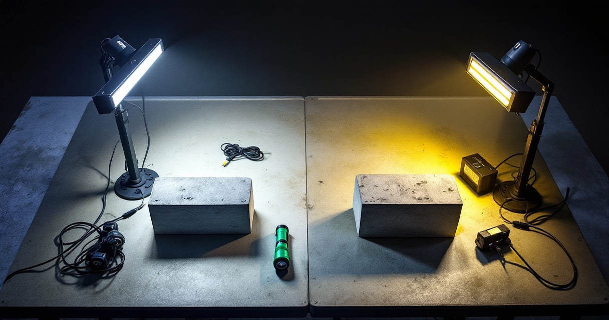 Side by side comparison setup of two commercial LED fixtures on a warehouse worktable