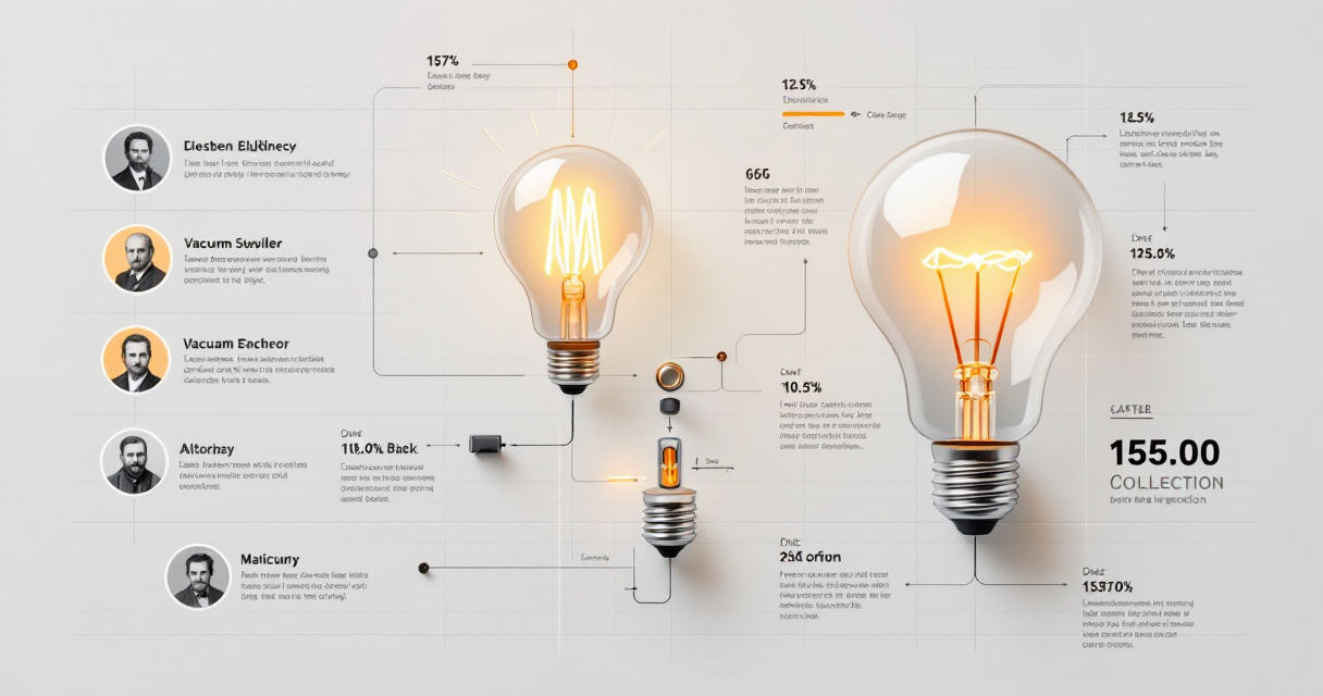 Infographic showing the light bulb design evolving through multiple inventors, key components, and modern LED lighting.