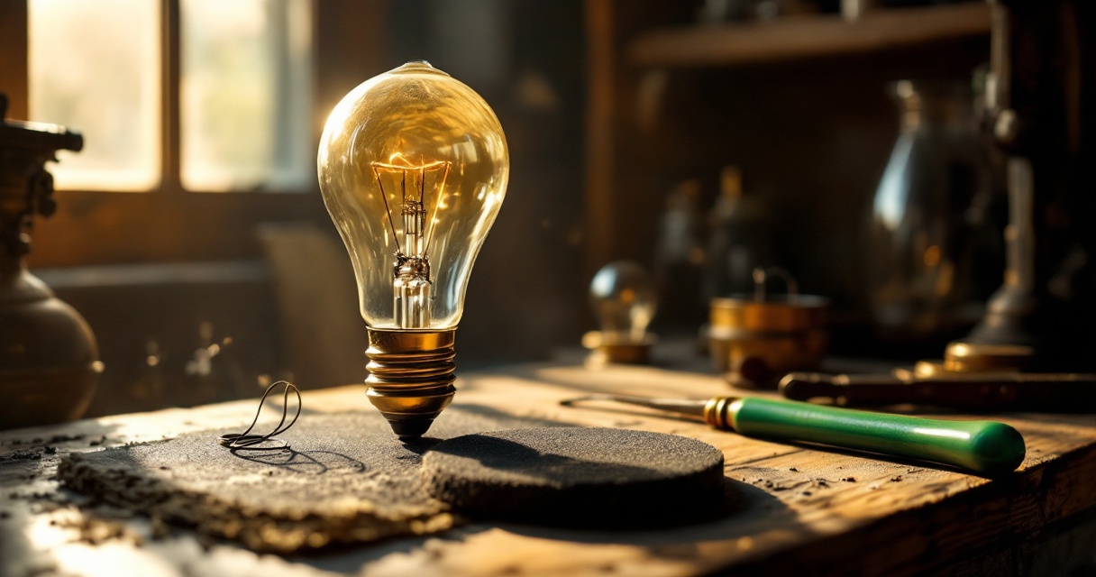 Early incandescent bulb parts arranged on a historic lighting workbench