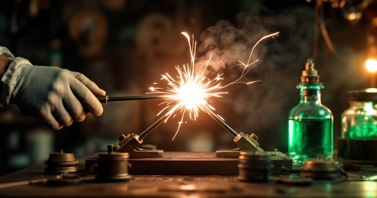 Early electric arc experiment with carbon rods, brass instruments, and green glass insulators
