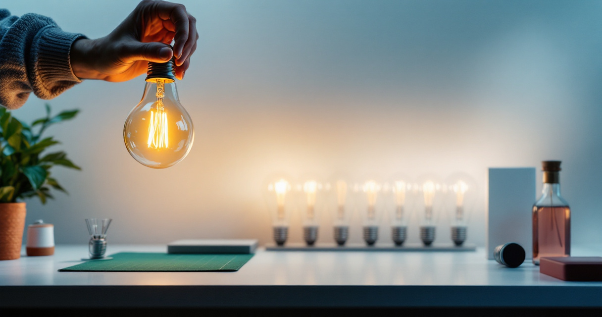 Handmade bulb prototype beside rows of finished bulbs showing invention becoming commercial lighting