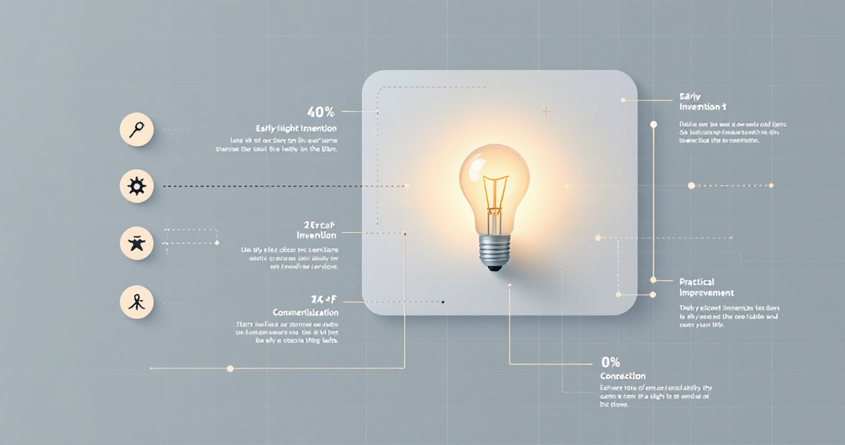 Infographic showing how multiple inventors contributed to the light bulb, from early experiments to practical bulbs and commercialization.