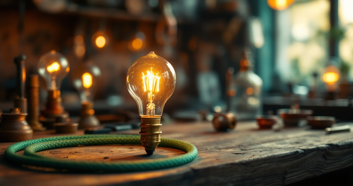 Historic workshop showing a practical incandescent lighting system with early bulbs and wiring