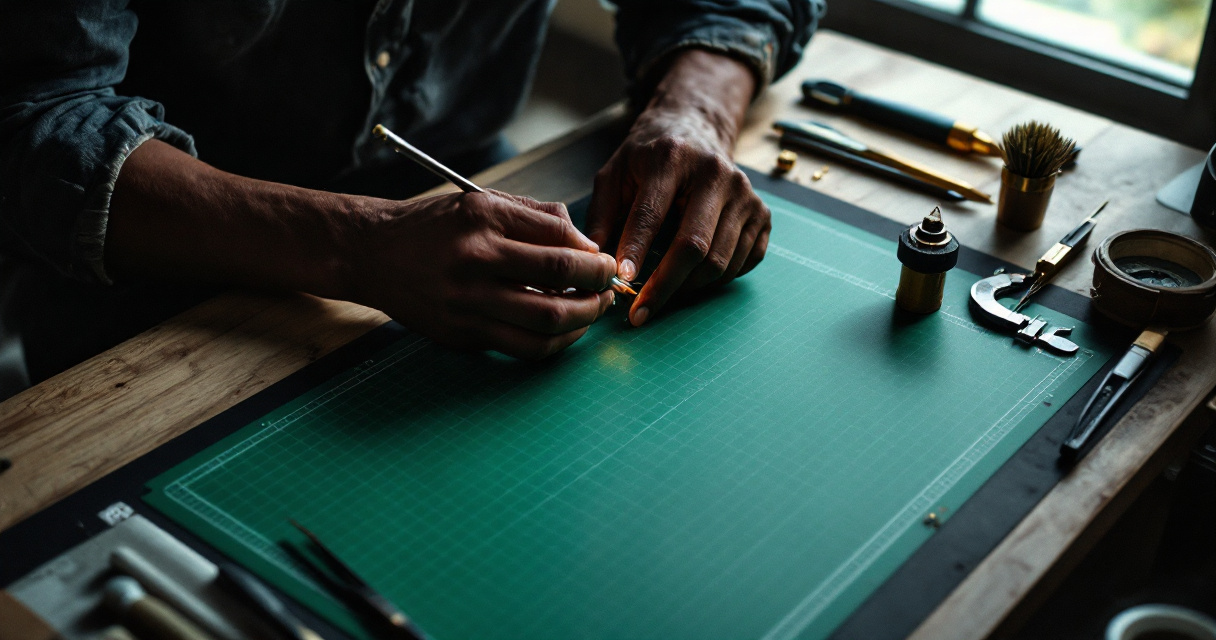 Hands examining a carbon filament and glass bulb on a drafting bench