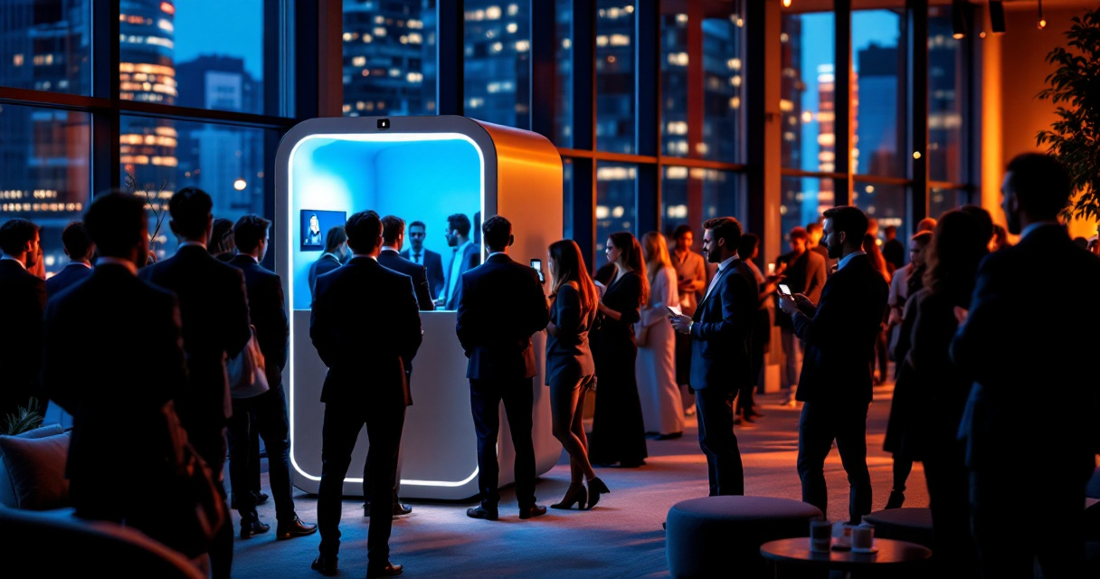 AI photo booth drawing attention at a corporate networking event with guests sharing generated photos