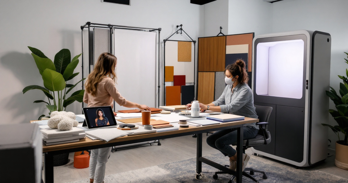 Event designer arranging props and backdrop while preparing a branded AI photo booth experience