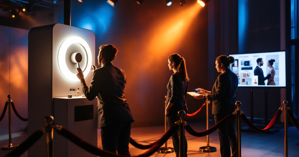 Guests using a sleek AI photo booth at a polished corporate brand activation