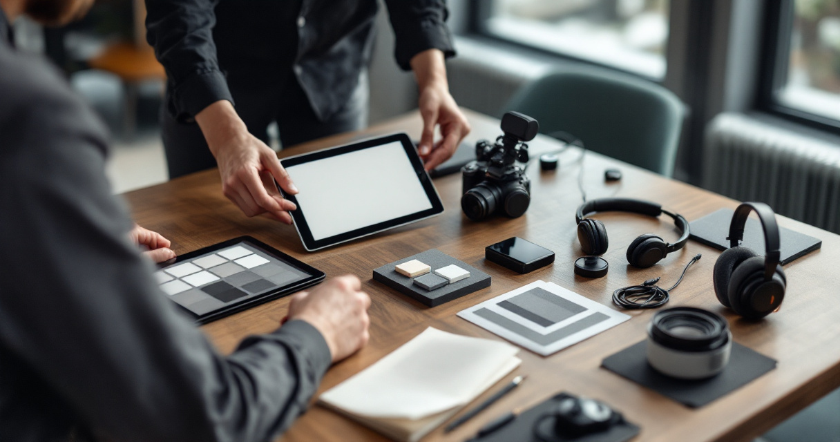 Corporate AI photo booth package elements arranged on a Swiss event planning table