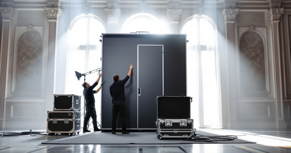Complex corporate AI photo booth setup showing premium production and venue logistics
