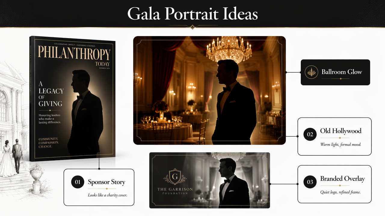 Editorial infographic of refined AI gala portrait concepts for black-tie dinners.