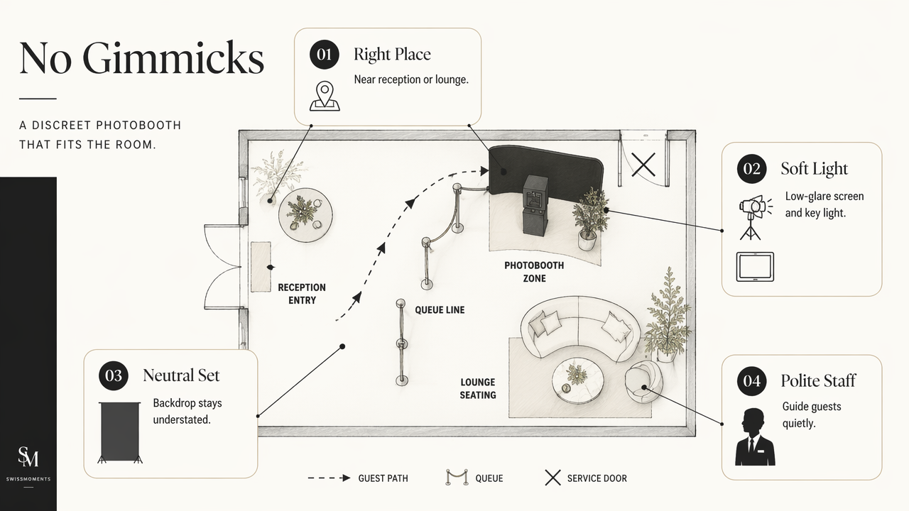 Annotated floor plan showing how to keep a gala photobooth elegant and discreet.