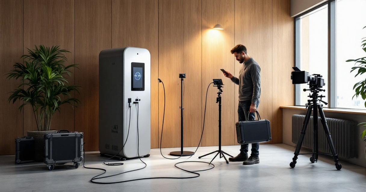 AI photobooth setup with power, router, tablet, and organized event equipment