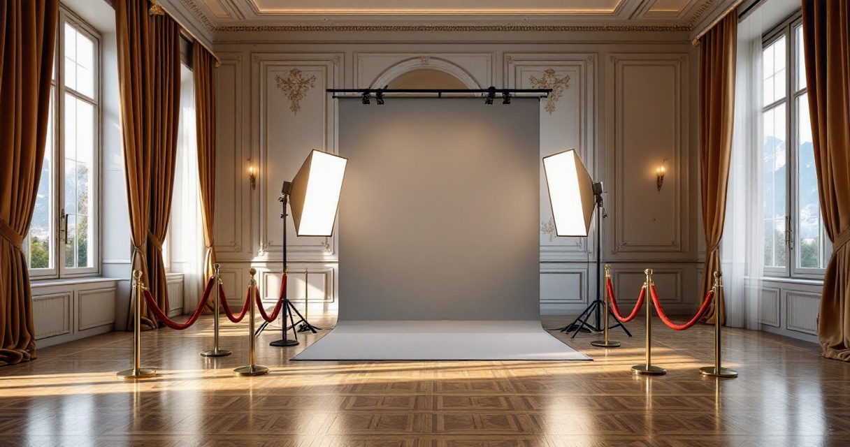Corporate AI photobooth area with clear space, lighting, and plain branded backdrop