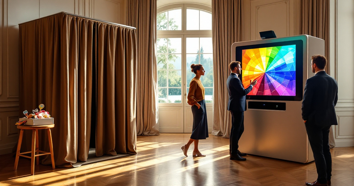 Traditional enclosed booth beside open AI photobooth in elegant Swiss event venue