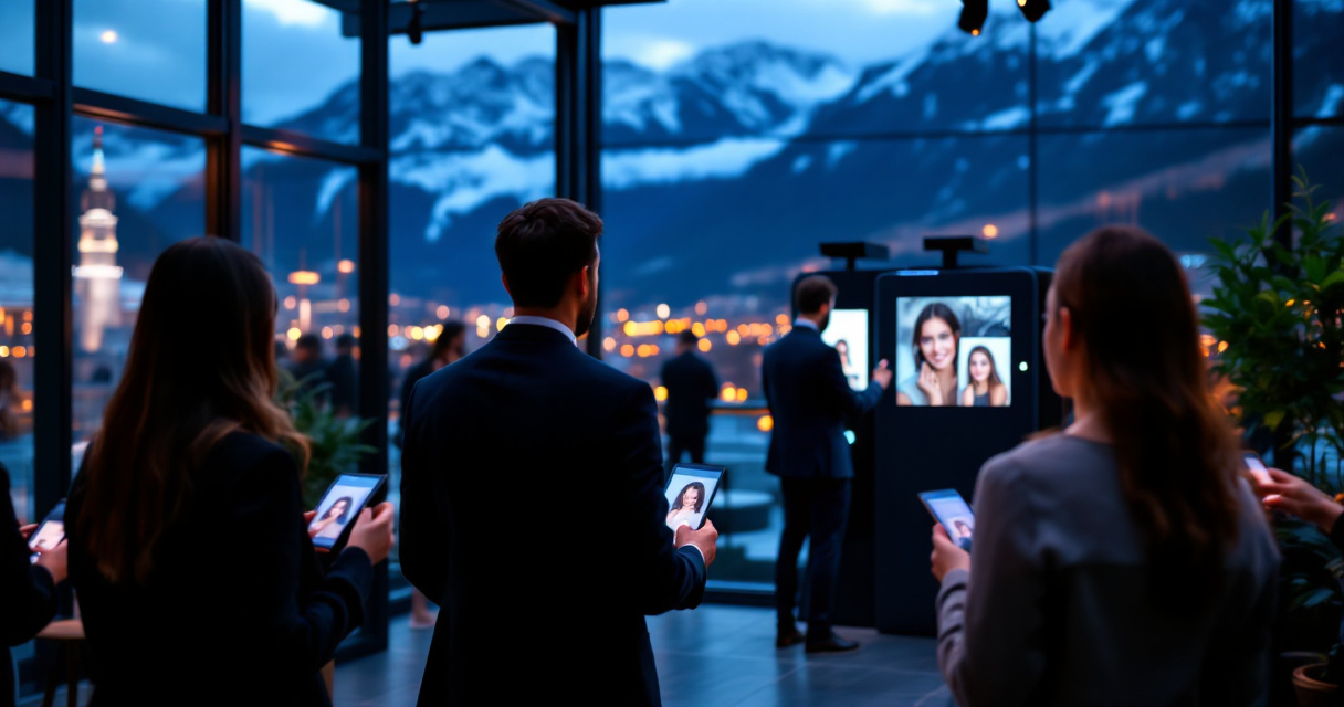Corporate guests using an AI photobooth activation at a modern Zurich event