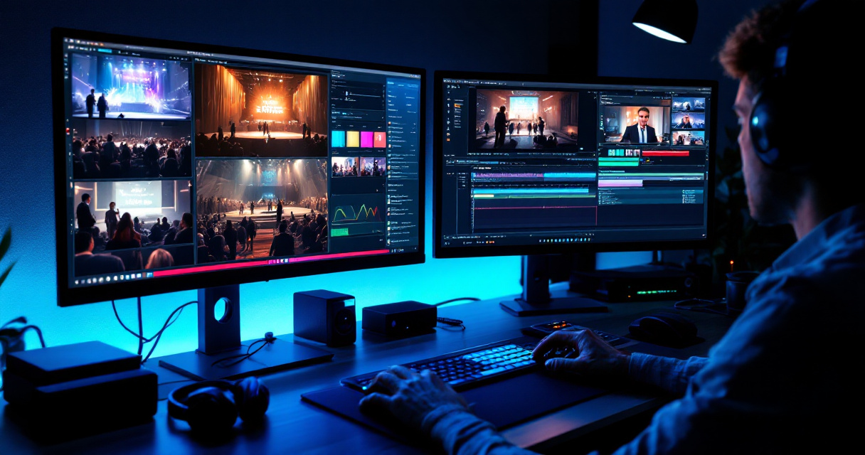 Video editor reviewing behind‑the‑scenes corporate event footage in a professional post‑production studio