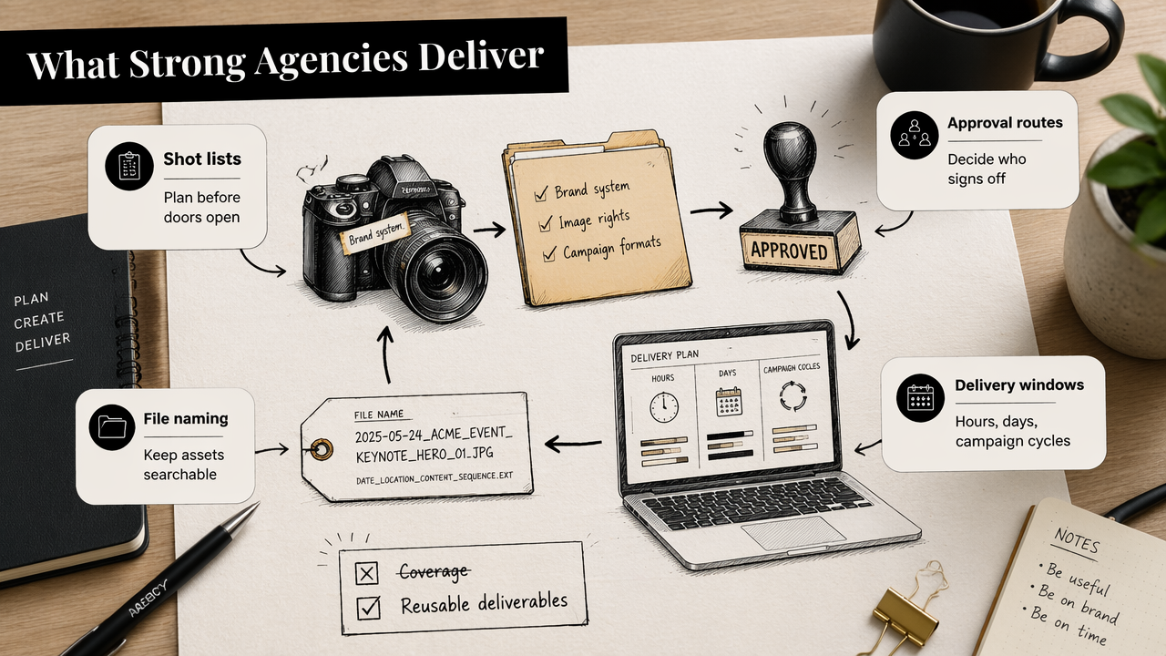 Annotated event content workflow showing shot lists, approvals, file naming, and delivery windows.