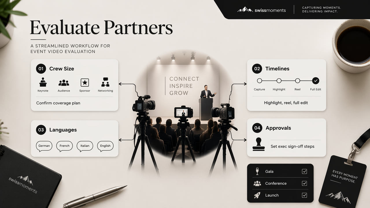 Annotated workflow diagram for evaluating Swiss event video partners across crew size, timelines, languages, and approvals.