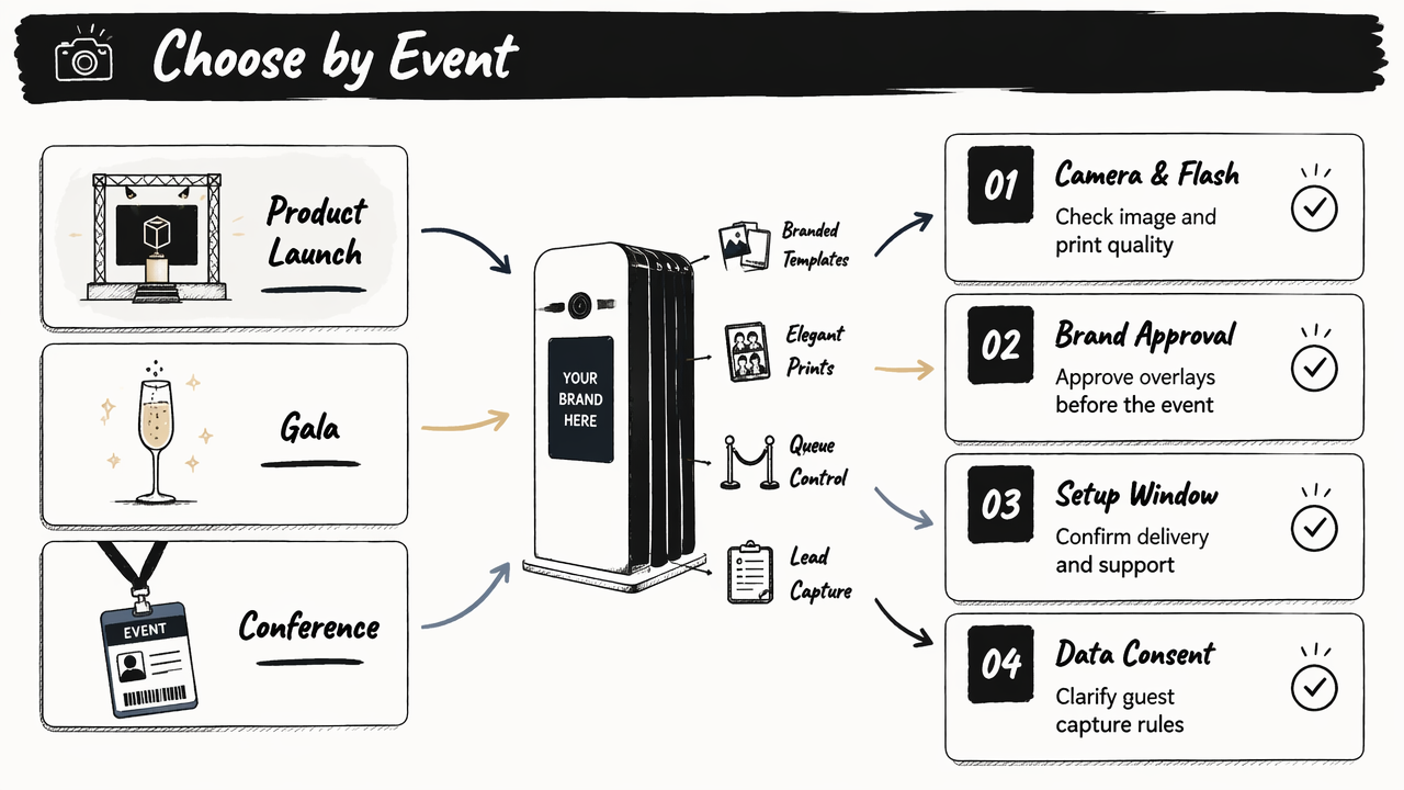 Decision-board illustration showing photo booth criteria for product launches, galas, and conferences.