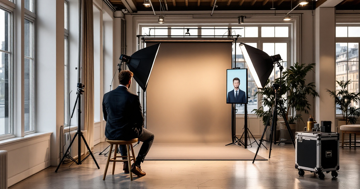 Corporate event AI headshot station with branded backdrop and professional portrait setup