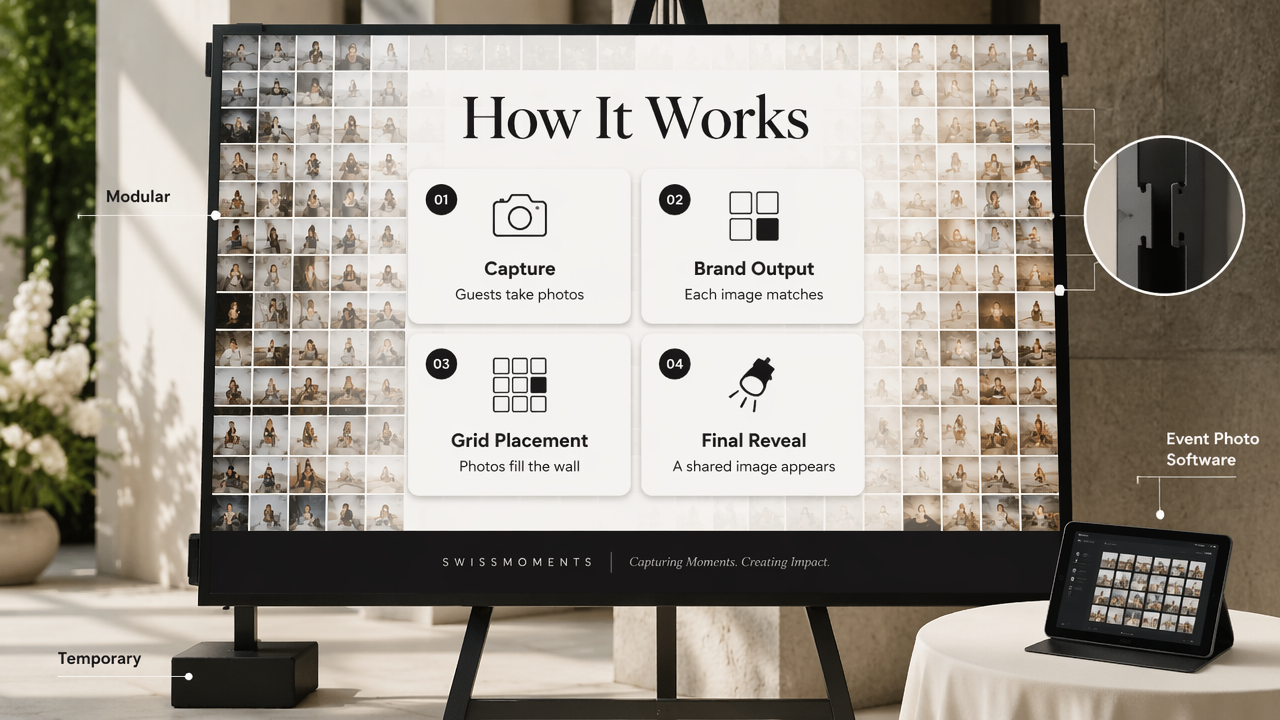 Infographic showing how a branded photo mosaic wall captures photos and builds a final branded reveal.