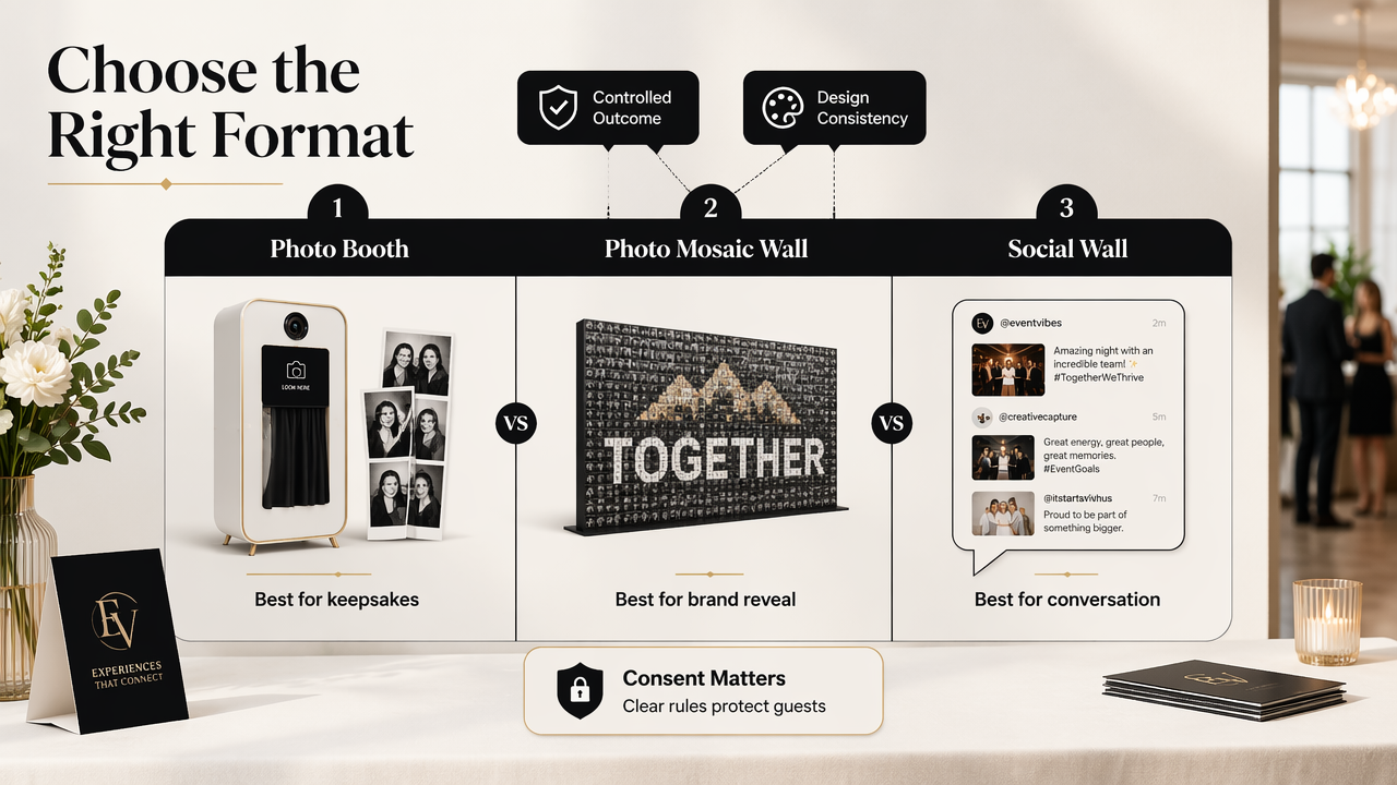Comparison diagram showing photo booths, social walls, and a photo mosaic wall with different event jobs.