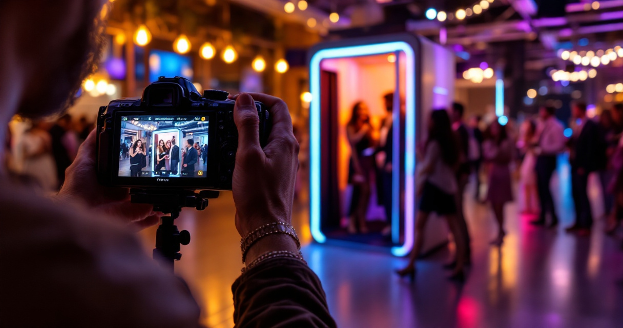 Photographer capturing candid corporate event moment at sleek AI photo booth with dark matte accents