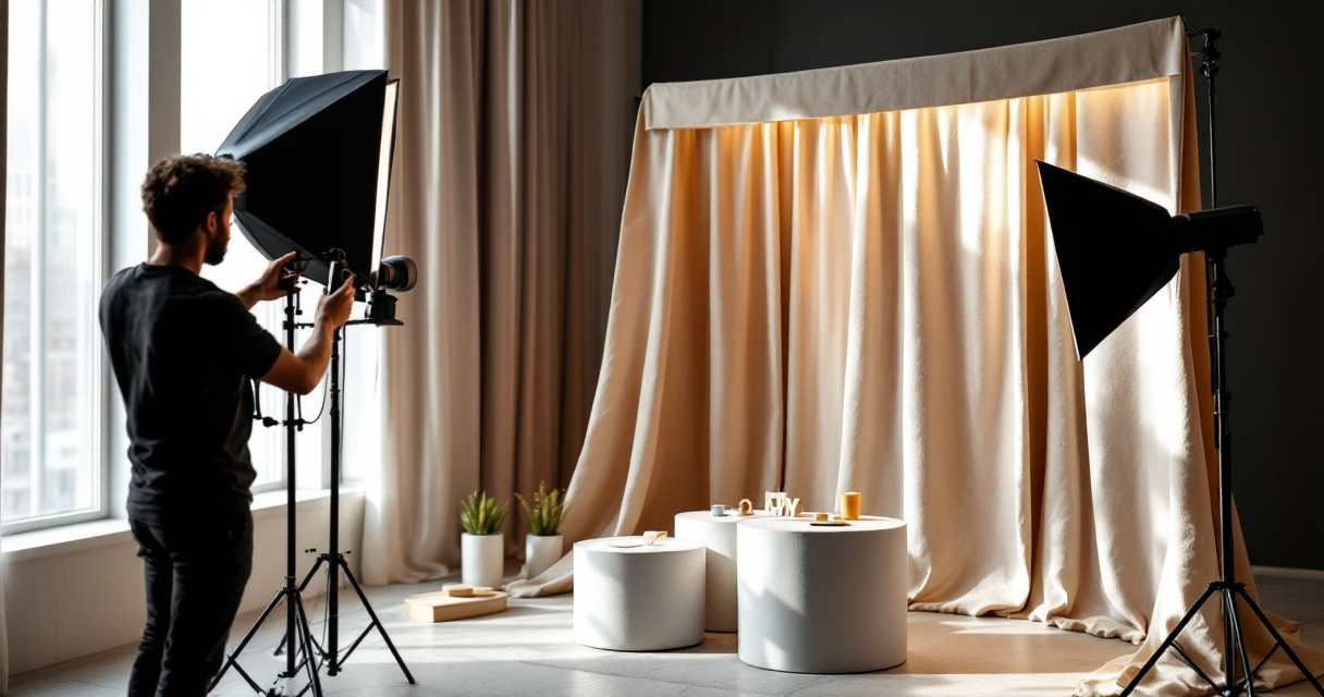 Event media team arranging lighting and props around a modern branded photo booth setup