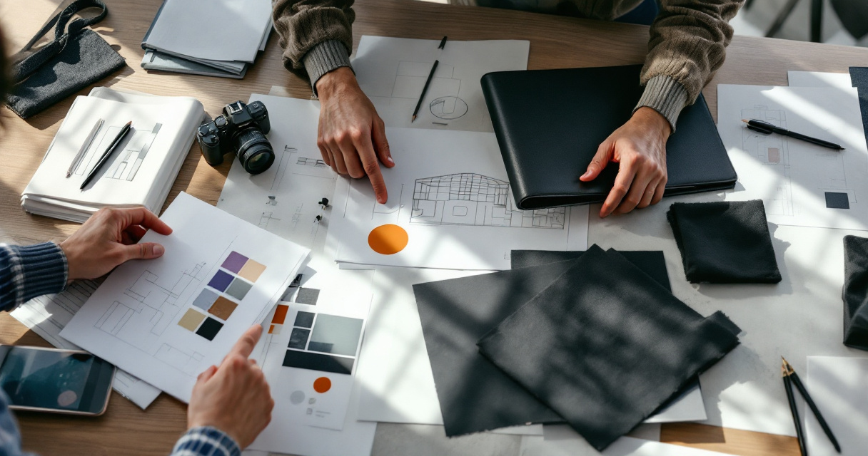Hands reviewing event media options on a Swiss corporate planning table