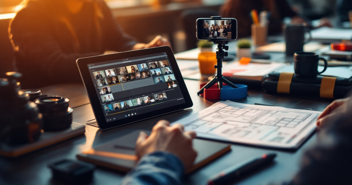 Conference video team planning distribution formats before filming begins at a corporate event