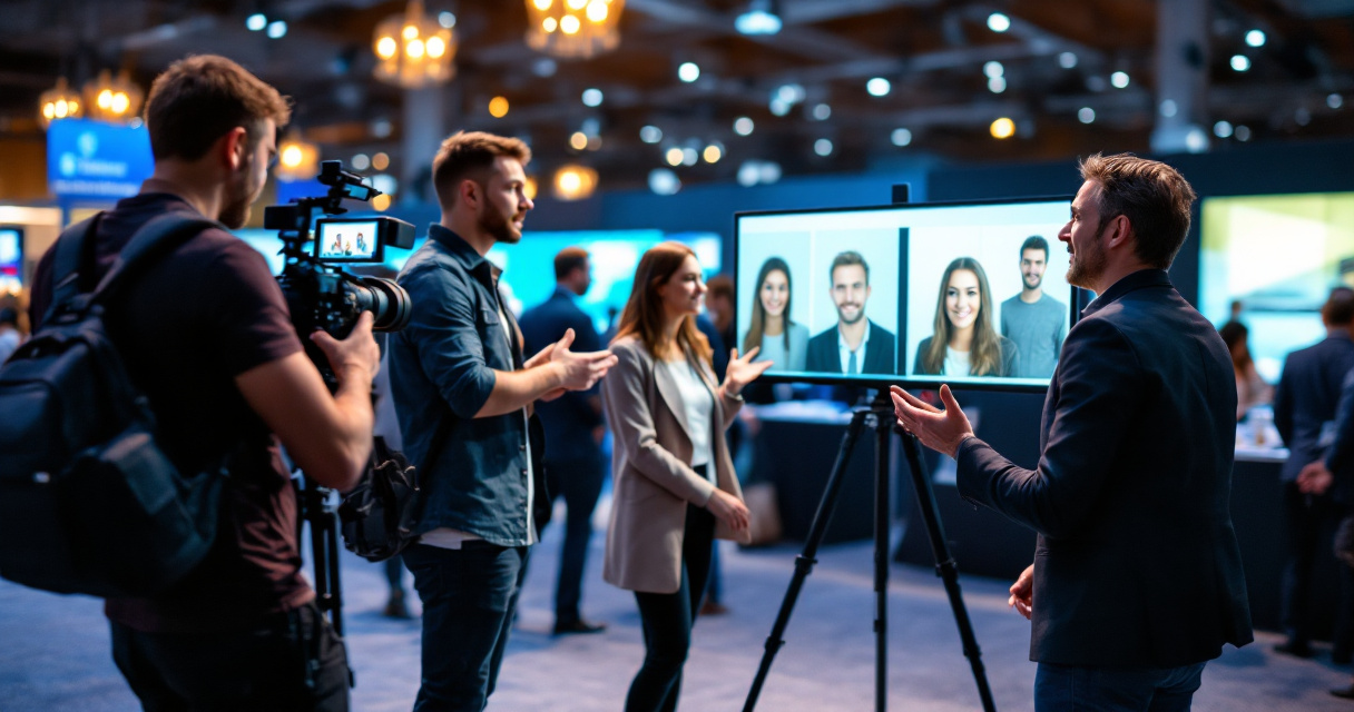 Videographer capturing attendees using an AI photobooth and engaging at a conference