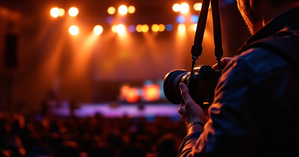 Photographer adjusting camera settings near conference stage under warm indoor lighting