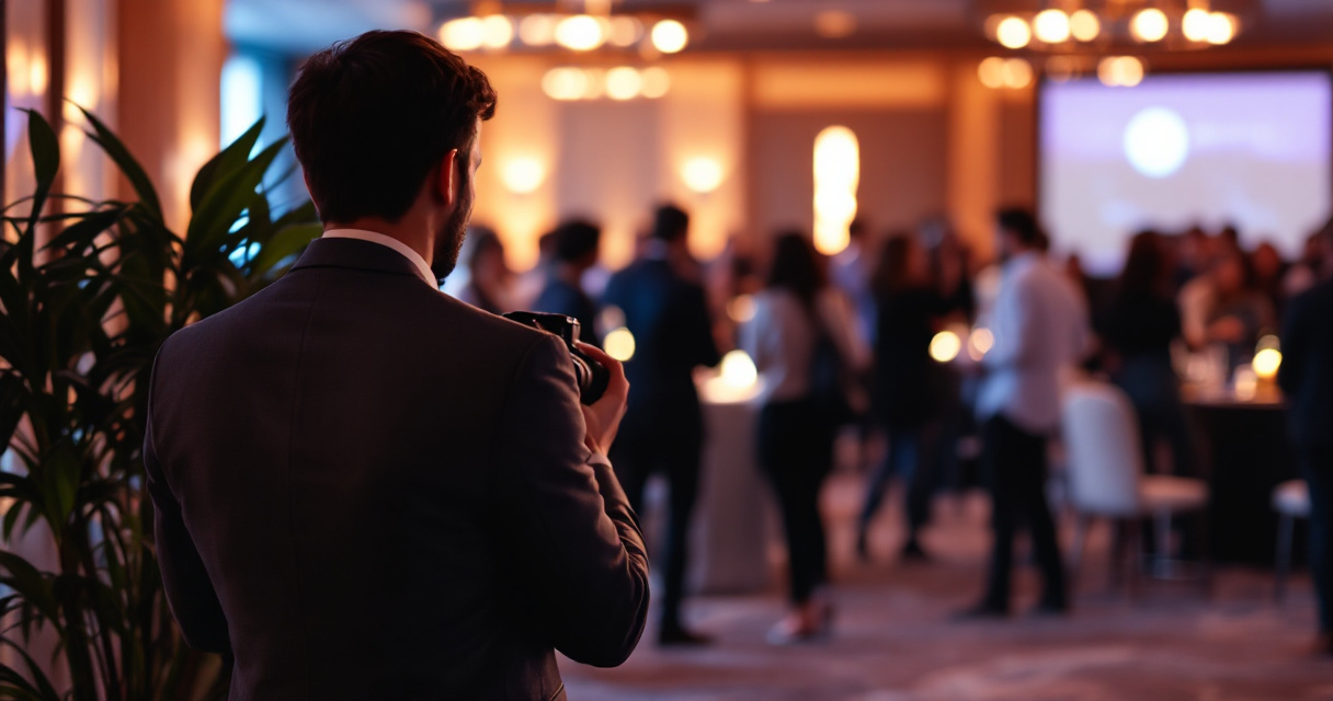 Discreet photographer capturing candid networking moments at corporate conference reception