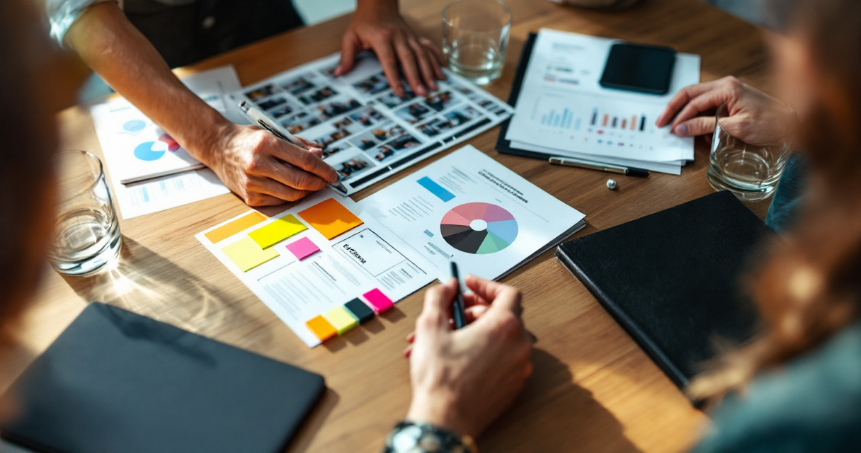 Corporate event planners connecting event media outputs to business outcomes at a strategy table