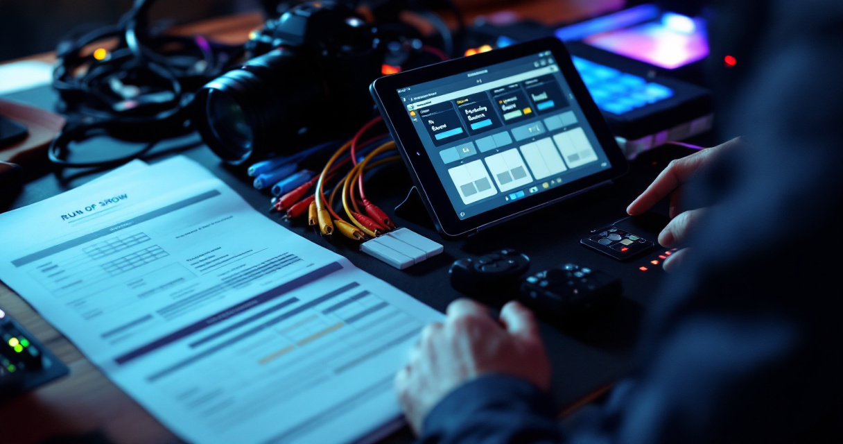 Backstage event team preparing attribution workflow before a corporate event opens