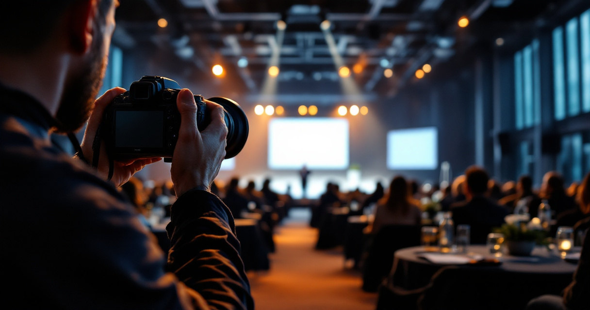 Event photographer capturing keynote moment at Swiss corporate conference with audience and stage lighting