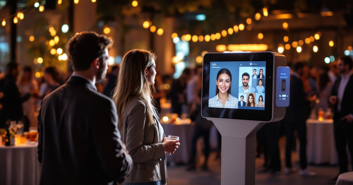 Guests using AI photobooth at corporate networking event with live generated portraits display