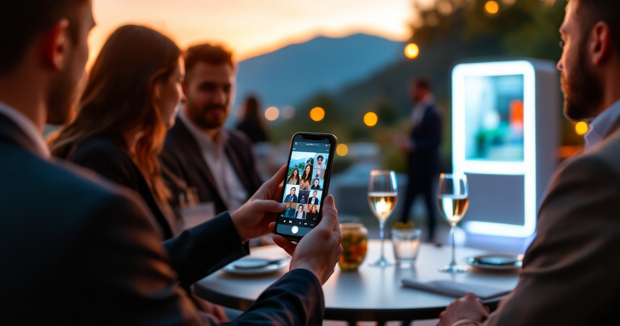 Corporate team reviewing same-day event photos beside an AI photo booth at a networking event