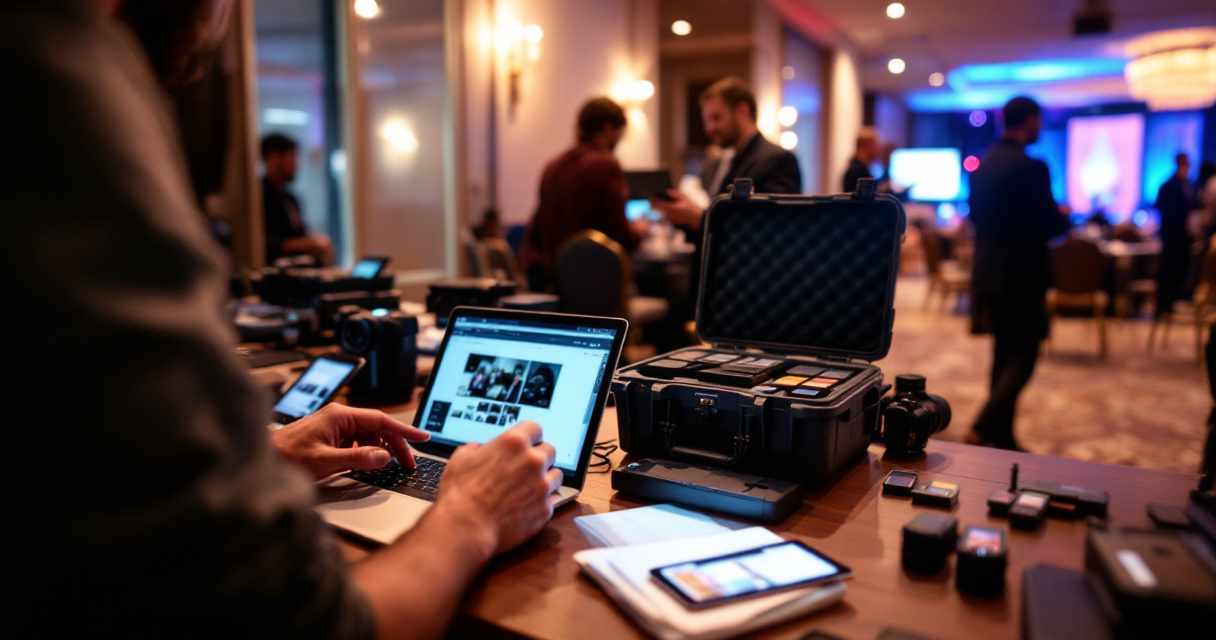Backstage corporate event photo workflow with organized gear and rapid image review process