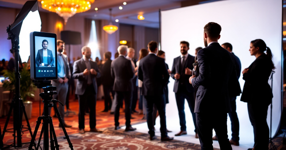 Corporate event attendees lining up at a sleek AI headshot booth during a networking conference