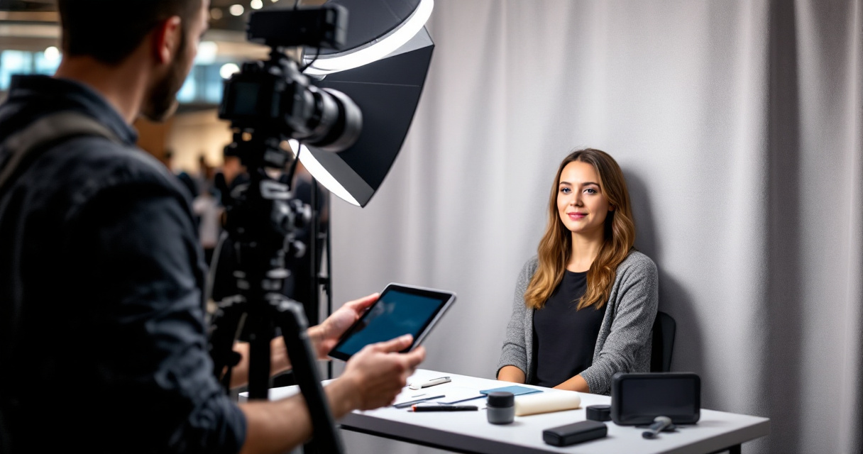 Behind the scenes setup of a conference headshot photography station with AI photobooth equipment