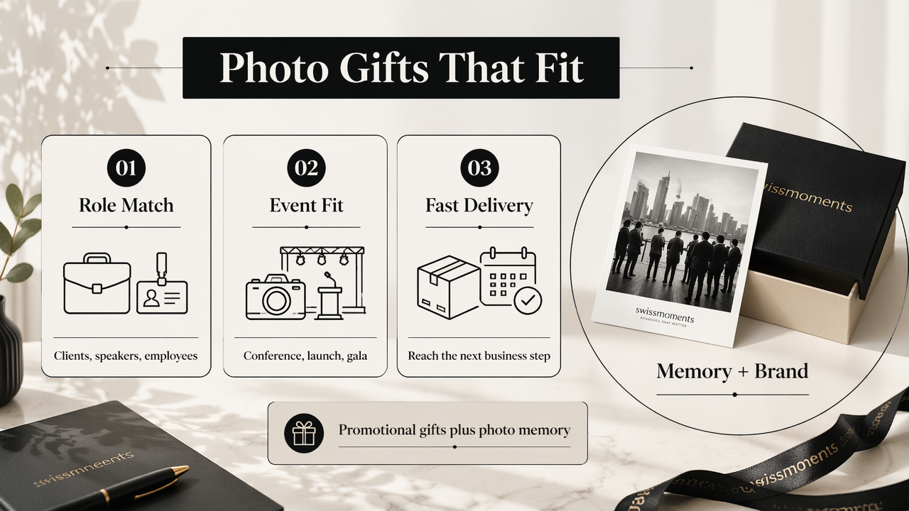 Infographic of matching custom photo gifts to audience, event type, and delivery timing.