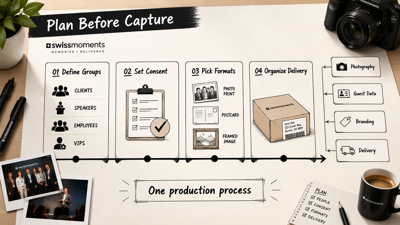 Workflow diagram showing planning recipient groups, consent, formats, and delivery before photo capture.
