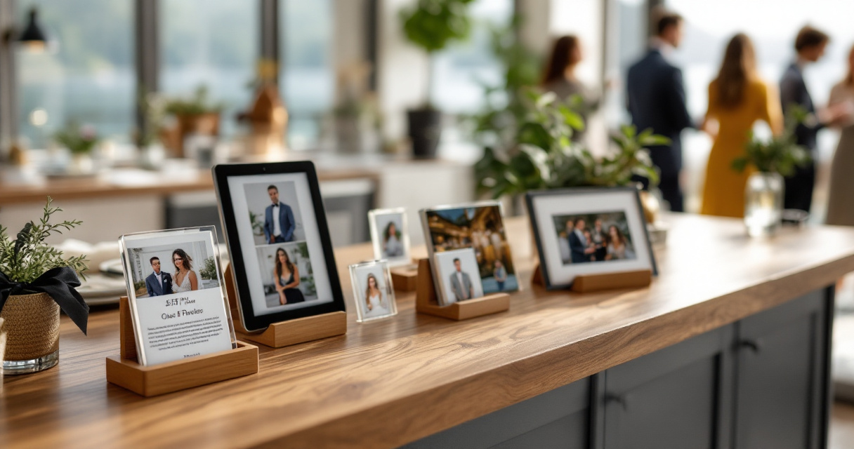 Premium custom event photo products displayed as guest keepsakes in a Swiss venue