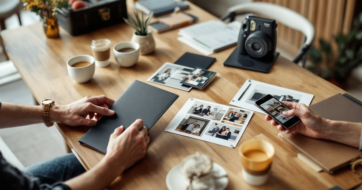 Event team choosing branded photo formats with sample prints and digital gallery options