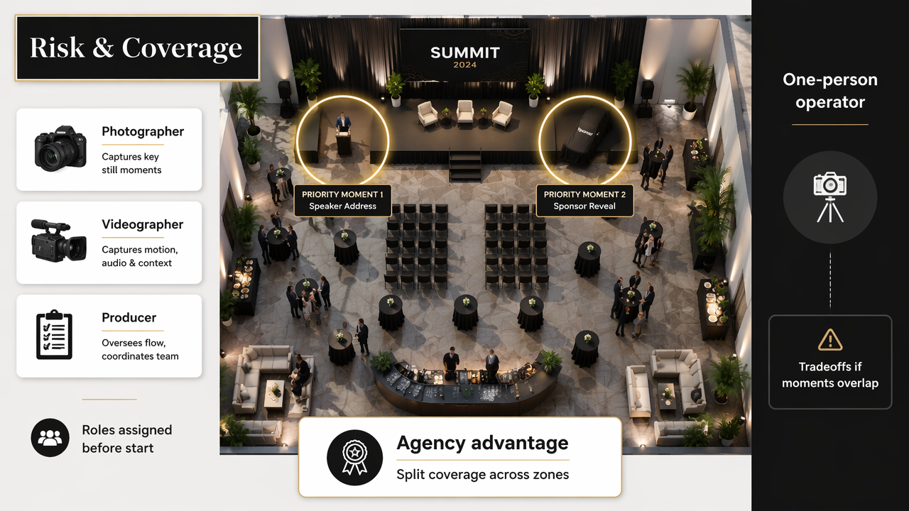 Annotated event floor plan showing how agencies split roles to reduce coverage risk.